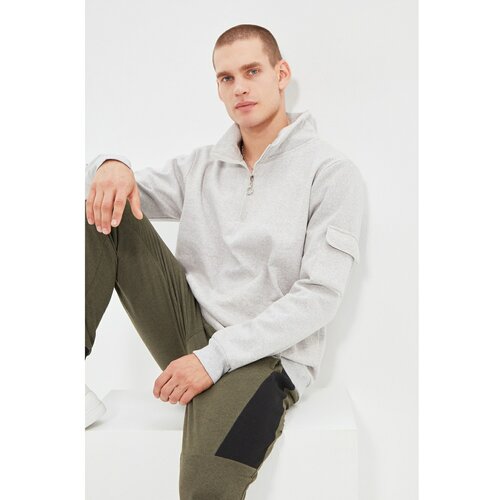Trendyol Gray Men Regular Fit Zipper Stand Up Collar Long Sleeved Kangaroo Pocket Sweatshirt Slike