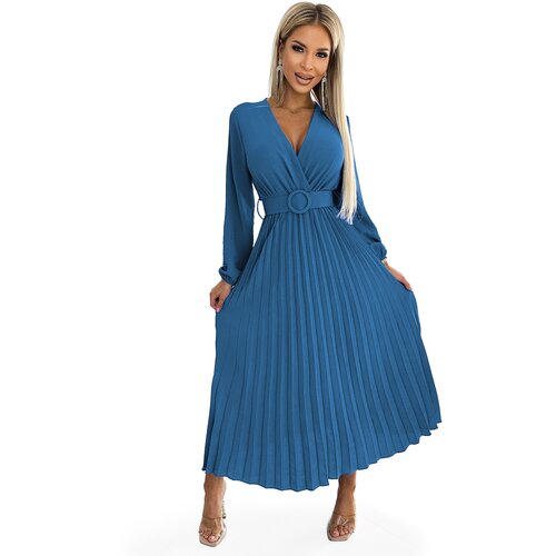 numoco basic Pleated midi dress with neckline, long sleeves and wide belt Numoco Cene