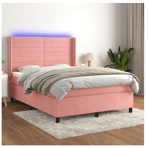 vidaXL Krevet box spring s madracem LED ružičasti 140x190cm baršunasti