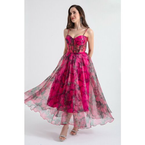 Lafaba Women's Fuchsia Design Organza Evening Dress Slike