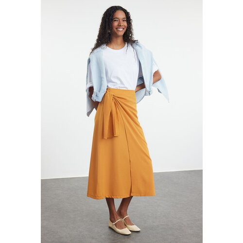 Trendyol Cinnamon Double Breasted Tie Detailed Woven Linen Look Skirt Cene