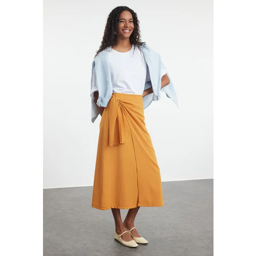 Trendyol Cinnamon Double Breasted Tie Detailed Woven Linen Look Skirt