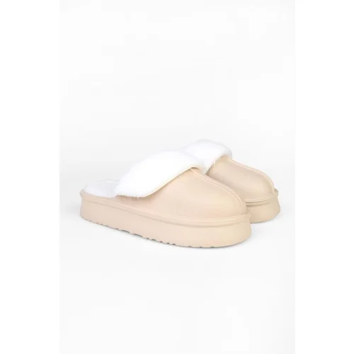 Shoeberry Women's Fluff Beige Faux Leather Matte Für Inside Flat Sole House Slippers