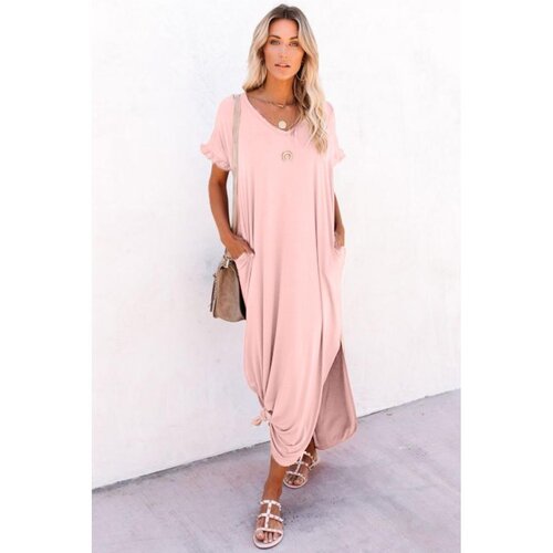 Fenzy Maksi Haljina Širokog Kroja S "V" Izrezom, Kratkim Rukavima S Volanima I Prorezima Mandelina, Ružičasta Cene