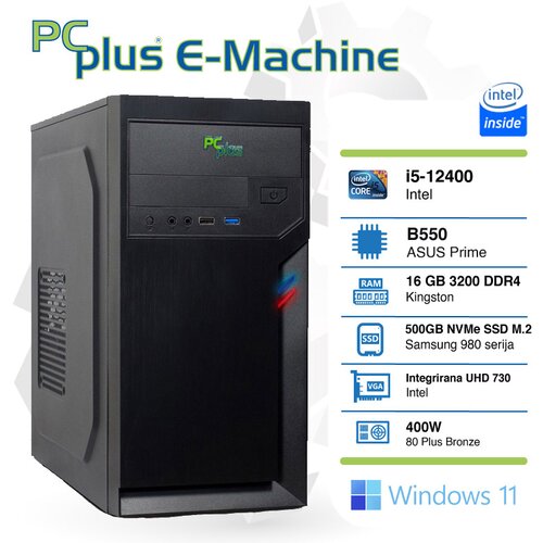 PCPLUS E-machine i5-12400 16GB 500GB NVMe SSD Windows 11 Pro namizni računalnik Slike