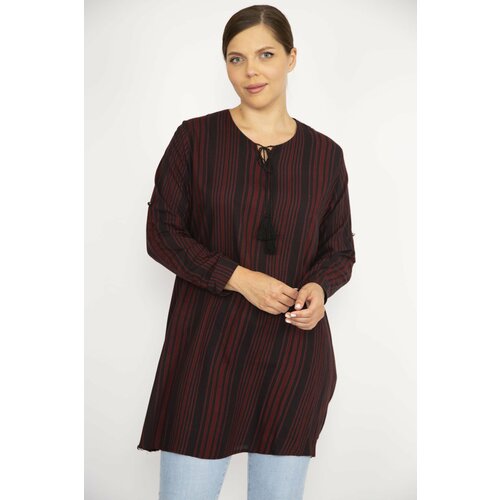 Şans Women's Plus Size Burgundy V-Neck Tunic with Adjustable Sleeve Length Slike