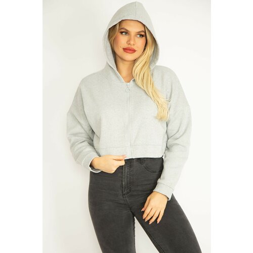 Şans Women's Plus Size Gray Inner Raising 2 Thread Fabric Hooded Sweatshirt Cene