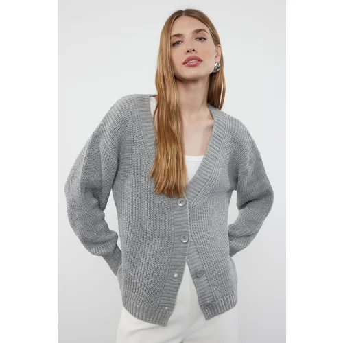 Trendyol Gray Basic V-Neck Knitwear Cardigan