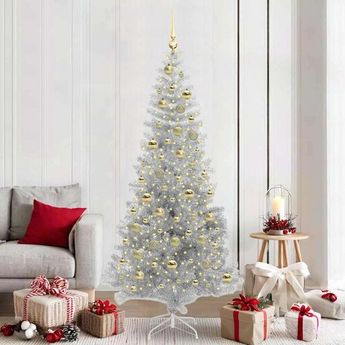 vidaXL Božično drevo med 300 LED z stojalom srebrna 210 cm PET Cene