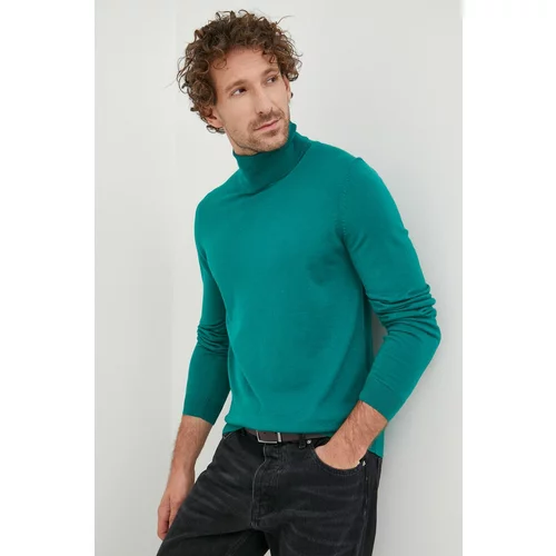 Boss Vuneni pulover za muškarce, boja: zelena, lagani, s dolčevitom