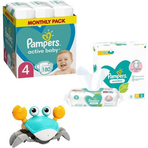 Pampers Pelene Active Baby 4, Monthly, 9-14 kg, 180/1+ Vlažne maramice Sensitive, 15x80 komada+ Topi Toys Interaktivna igračka Hodajuća kraba, Svetloplava Slike