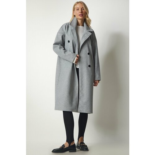 Happiness İstanbul Women's Gray Double Breasted Collar Oversized Cachet Coat Cene