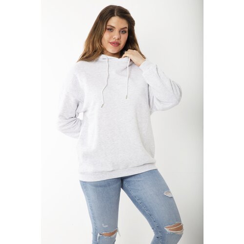 Şans Women's Plus Size Gray Inner Raising Three Thread Hooded Printed Back Sweatshirt Slike
