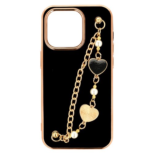 Onasi trendy silikonski ovitek z zapestnico za iPhone 13 6.1 - črn s srčki Slike