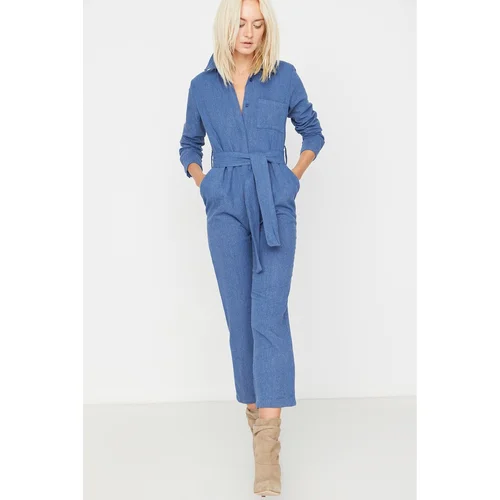 Trendyol Navy Blue Belted Shirt Collar Jumpsuit