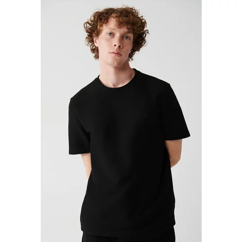 Avva Men's Black 100% Cotton Crew Neck Jacquard Knitted Standard Fit Regular Cut T-shirt