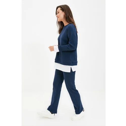 Trendyol Navy Blue Crew Neck Tshirt Pull-Out Knitted Bottom-Top Set
