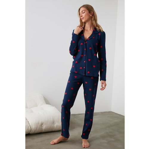 Trendyol Navy Blue Heart Printed Knitted Pajamas Set Slike