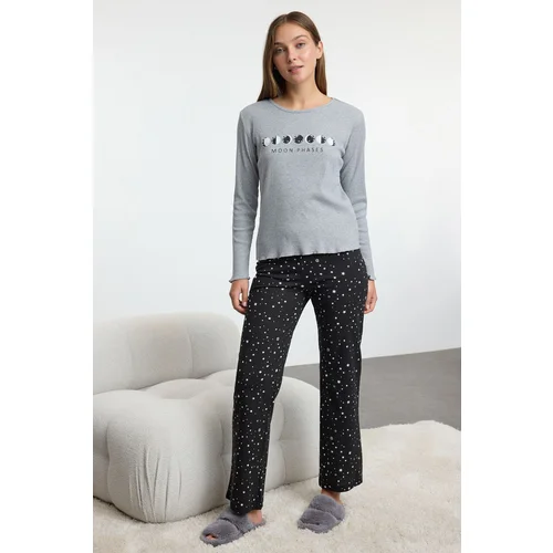 Trendyol Gray-Multicolored Galaxy Patterned Ribbed Knitted Pajama Set