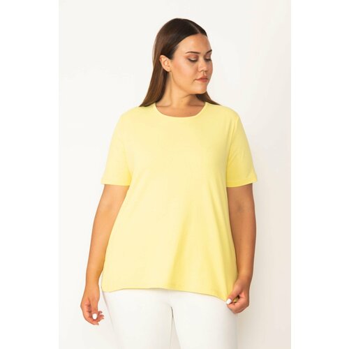 Şans Women's Plus Size Yellow Cotton Fabric Crew Neck Short Sleeve Blouse Slike