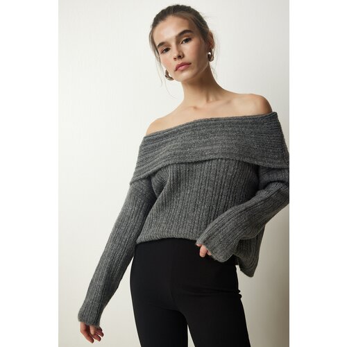 Happiness İstanbul Women's Anthracite Madonna Collar Knitwear Sweater Slike