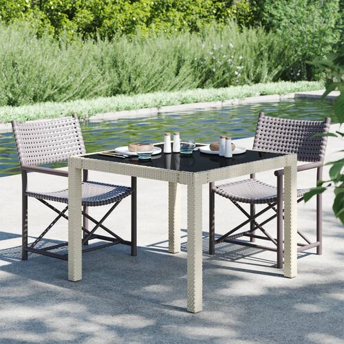 VidaXL Vrtna miza 90x90x75 cm kaljeno steklo in poli ratan bež Slike