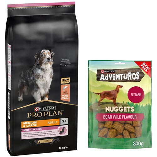 Pro Plan PURINA suha pasja hrana 14 kg + Adventuros Nuggets priboljški 300 g gratis! - Medium & Large Adult 7+ Sensitive Skin Cene