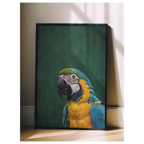 Wallxpert uramljena slika 115207, ara papagaj u plavoj i žutoj boji na tamnozelenoj pozadini, 50 x 70 cm, crni ram Cene