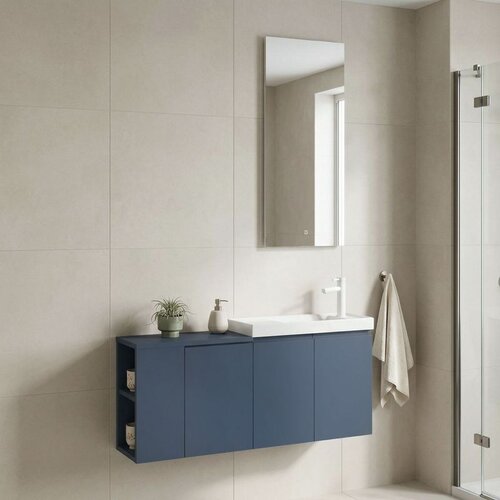 Hanah home Ferla 110 - 343 Matte Blue Bathroom Cabinet With Sink & Mirror Set (2 Pieces) Cene