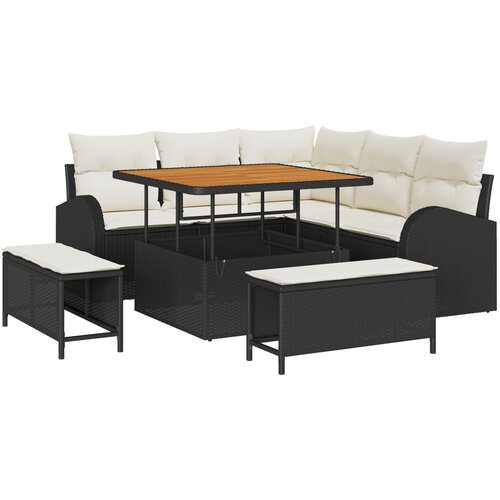 vidaXL 8-dijelni set vrtnog namještaja s jastučićima crni poli ratan akacija, 2-sjedala vrtna sofa s jastučićima crni poli ratan, 3-dijelni vrtni set za blagovanje s jastučićima crni poli ratan akacija Cijene