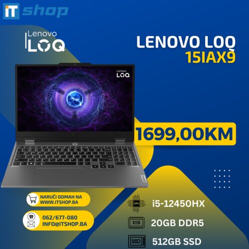 Lenovo LOQ 15IAX9, I5-12450HX 20GB, 512GB, RTX 2050 4GB Cijene