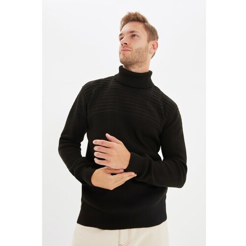 Trendyol Crni muški pleteni džemper s tankim krojem sa teksturom i teksturom Slike