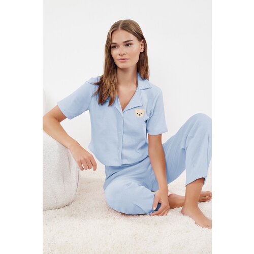 Trendyol Light Blue Plain Embroidered Camisole Knitted Pajamas Set Slike