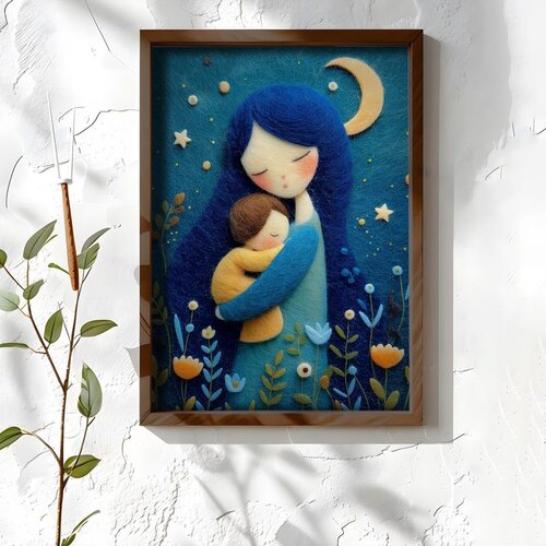 Wallxpert uramljena MDF slika NAL035-46, majka grli dete pod mesecom, stil vunene aplikacije, 35,5 x 47 cm Cene