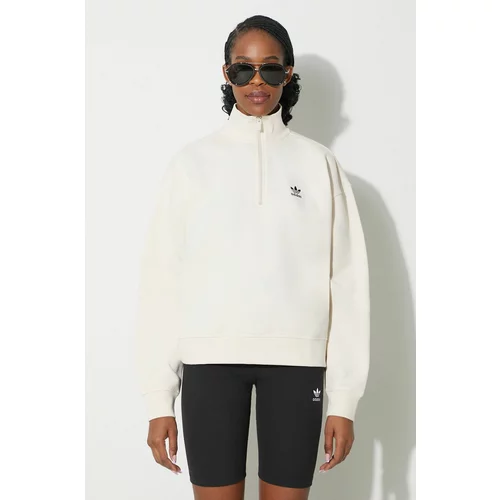 Adidas Pulover Essentials Halfzip Sweatshirt ženski, bež barva, IR5940