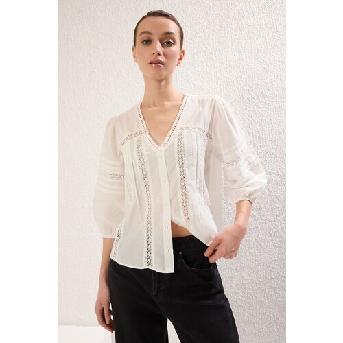 Trendyol white cotton fabric lace detail regular regular pattern woven shirt Cene