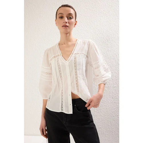 Trendyol White Cotton Fabric Lace Detail Regular Regular Pattern Woven Shirt