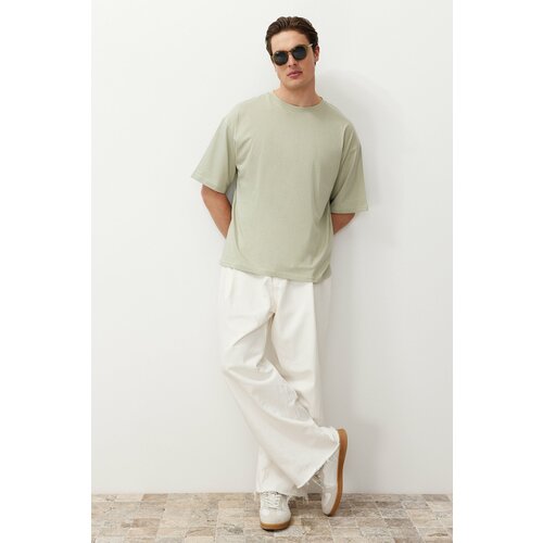 Trendyol Mint Men's Oversize/Wide-Fit Floral Printed Short Sleeve 100% Cotton T-Shirt Cene