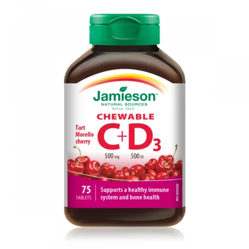 Jamieson Vitamin C+D, žvečljive tablete z naravnim okusom češnje in sladili