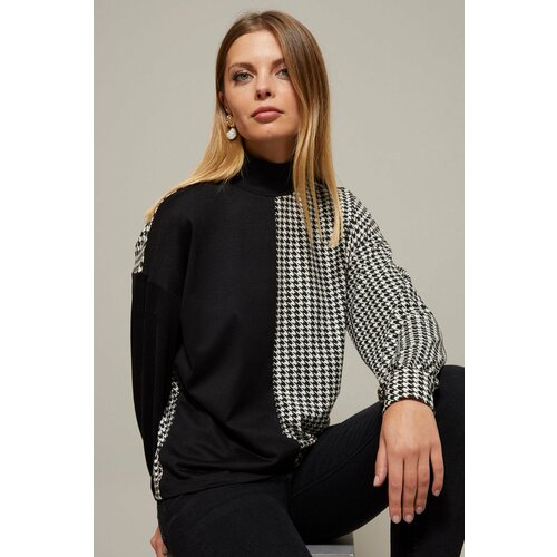 Cool & Sexy Women's Black and White Half Turtleneck Houndstooth Pattern Blouse Slike