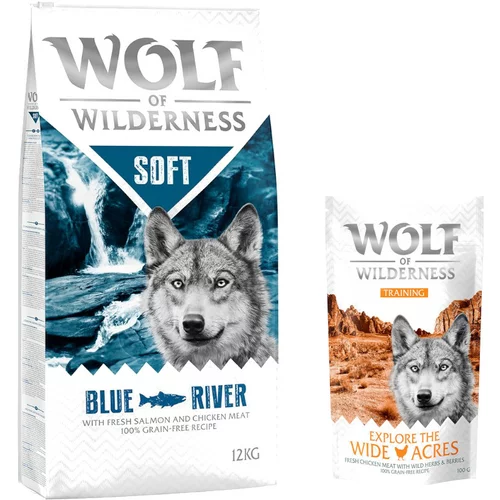 Wolf of Wilderness 12kg + 100g Snack "Explore the Wide Acres" piletina gratis! - Blue River - losos (poluvlažna)