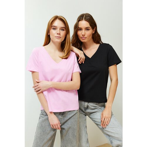 Trendyol black-pink pack 100% cotton v-neck knitted t-shirt Slike