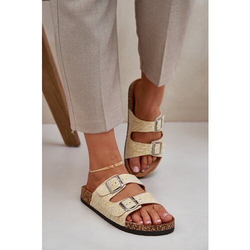 PE1 Fabric Slippers On Cork Sole With Buckles Yellow Atera Slike