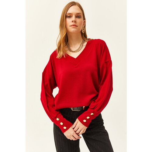 Olalook Women's Red V-Neck Button Detailed Knitwear Sweater Cene