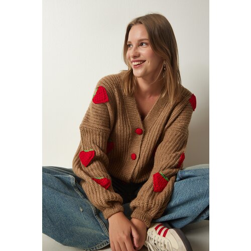 Happiness İstanbul Women's Camel Strawberry Motif Oversize Knitwear Cardigan Slike