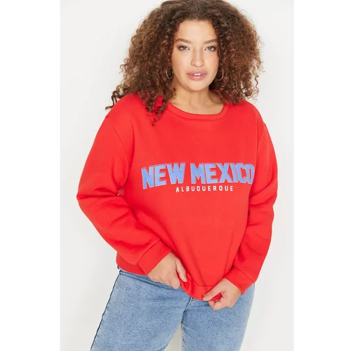 Trendyol Curve Red Crew Neck Printed Knitted Sweatshirt