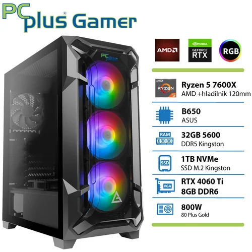 PCPLUS gamer ryzen 5 7600X 32GB 1TB nvme ssd rtx 4060Ti 8GB gaming namizni računalnik, (21696733)