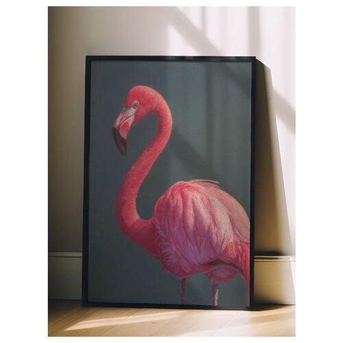 Wallxpert uramljena slika 115228, ružičasti flamingo na tamnozelenoj pozadini, 30 x 40 cm, crni ram Slike
