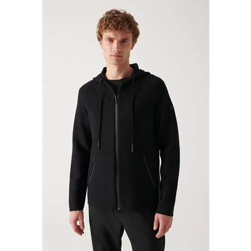 Avva Men's Black Hooded Collar Zippered Standard Fit Normal Cut Cardigan Coat Cene