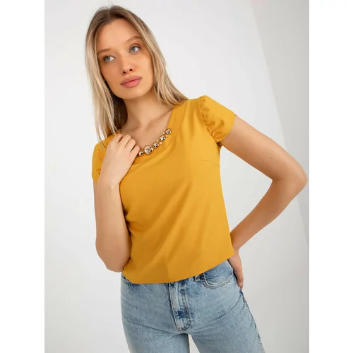 Fashion Hunters Dark yellow short formal blouse with necklace